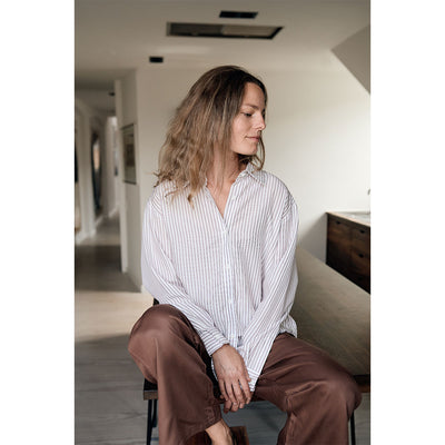 Sanne oversize Tencel shirt off white brown stripes