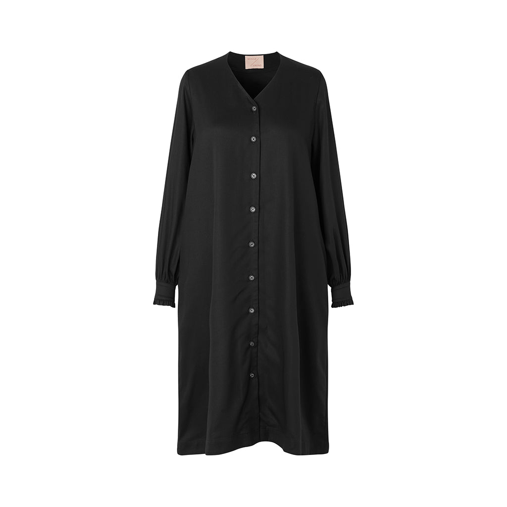 Schulz by Crowd sort Tencel kjole med knapper, v-hals og flæde på ærmet