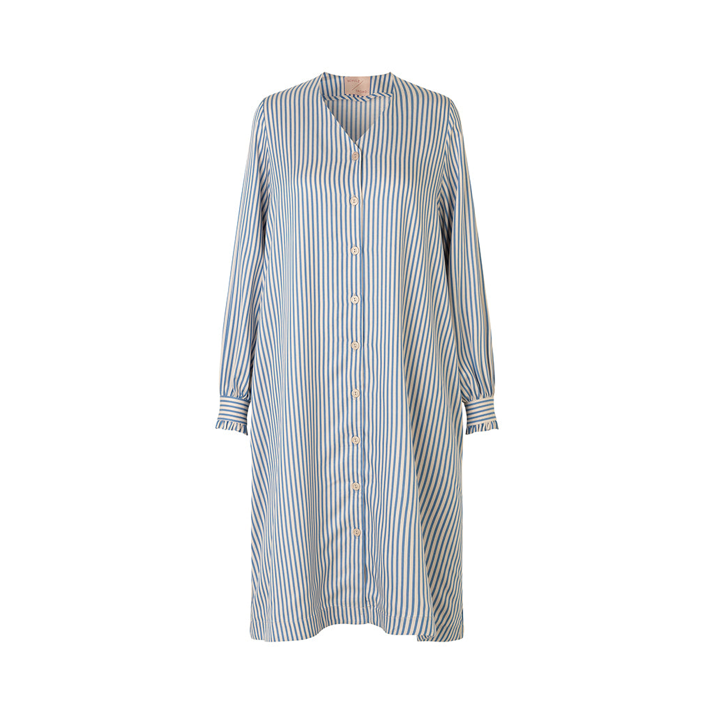 Schulz by Crowd blå og beige stribet Tencel kjole med knapper, v-hals og flæse på ærmet