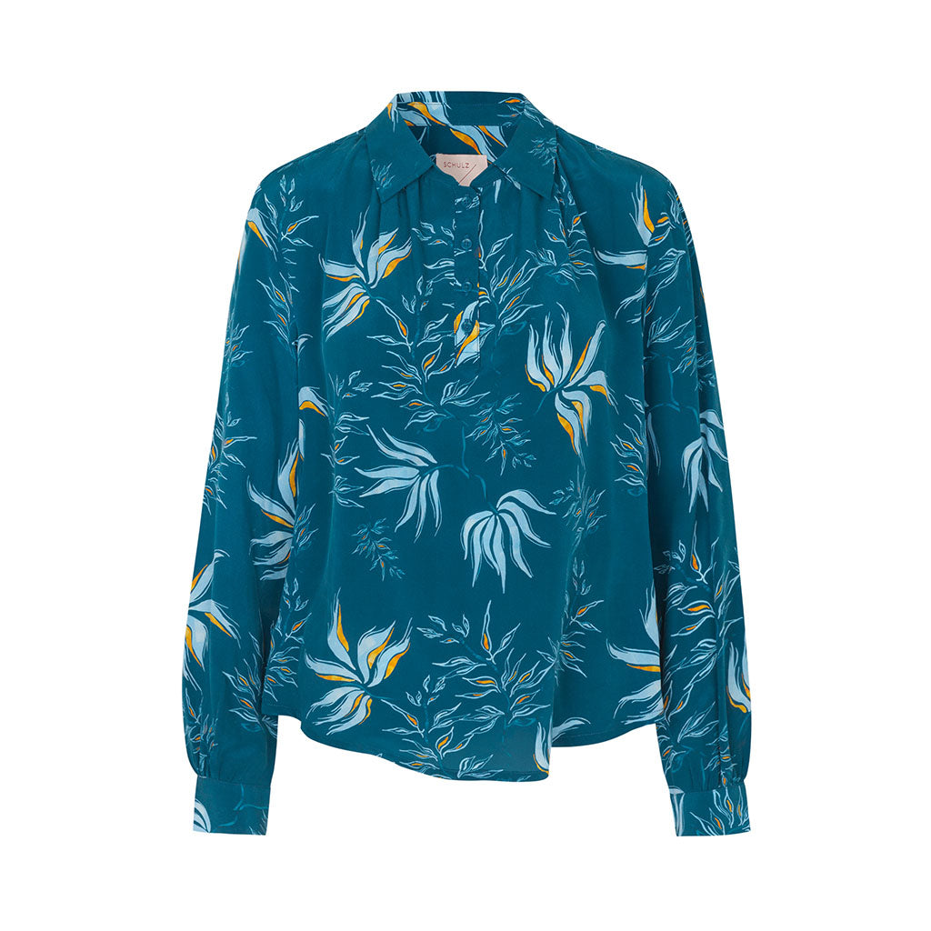 Schulz by Crowd Silas blå print silkebluse med krave og draperinger